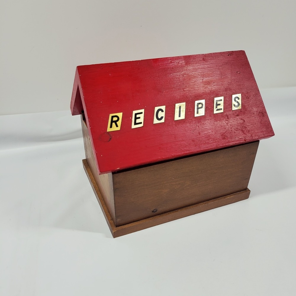 Handmade Wooden Recipe Card Holder Box -House Shaped Red Roof‎